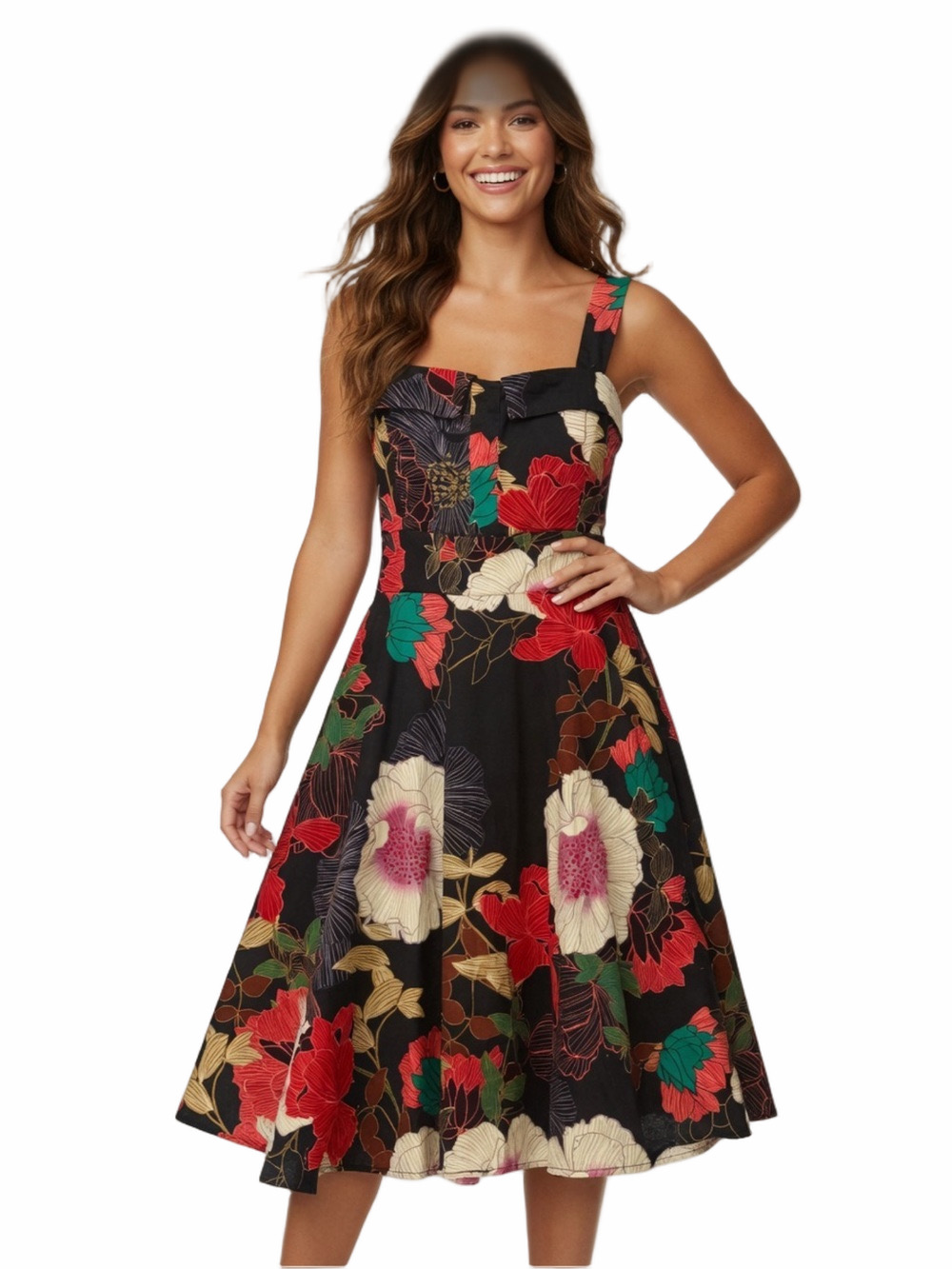 Eva Rose Retro 50s Floral Fit & Flare Swing Dress Pockets M